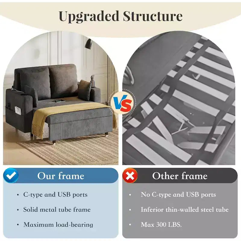 3-In-1 Pull-Out Couch, 56 Loveseat Sleeper Sofa Bed with Cup Holders & USB Charging, Full Size Pull-Out Sofa Couch