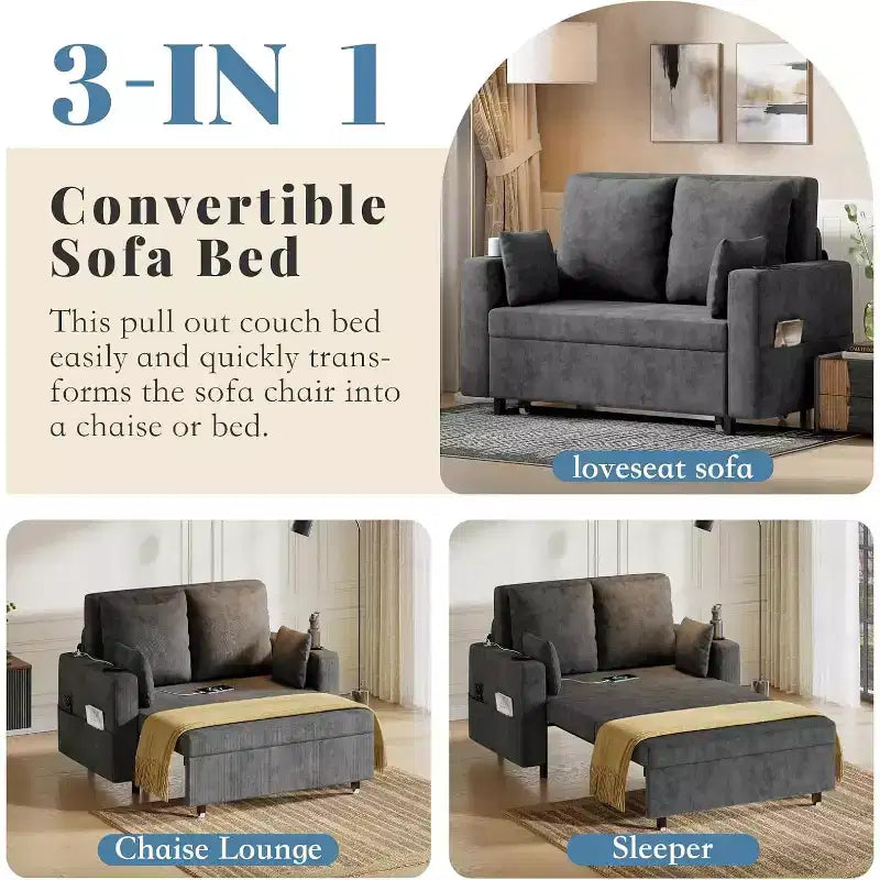 3-In-1 Pull-Out Couch, 56 Loveseat Sleeper Sofa Bed with Cup Holders & USB Charging, Full Size Pull-Out Sofa Couch