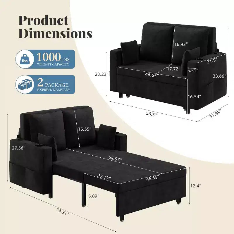 3-In-1 Pull-Out Couch, 56 Loveseat Sleeper Sofa Bed with Cup Holders & USB Charging, Full Size Pull-Out Sofa Couch