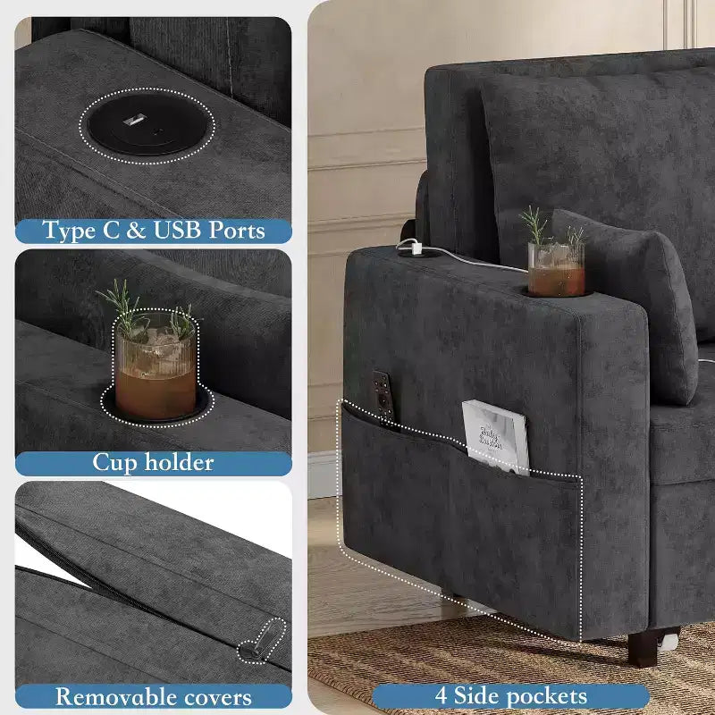 3-In-1 Pull-Out Couch, 56 Loveseat Sleeper Sofa Bed with Cup Holders & USB Charging, Full Size Pull-Out Sofa Couch