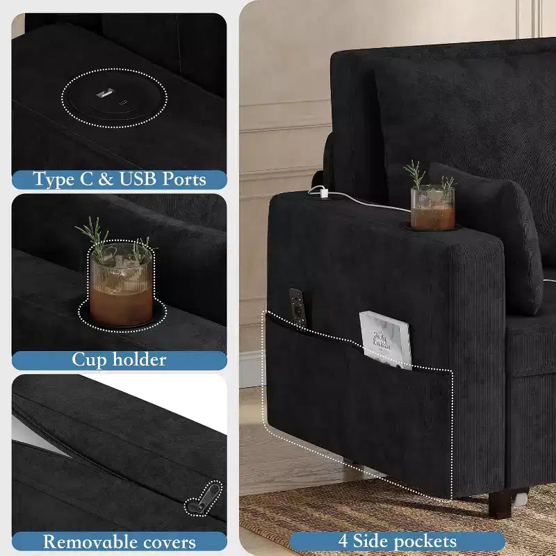 3-In-1 Pull-Out Couch, 56 Loveseat Sleeper Sofa Bed with Cup Holders & USB Charging, Full Size Pull-Out Sofa Couch