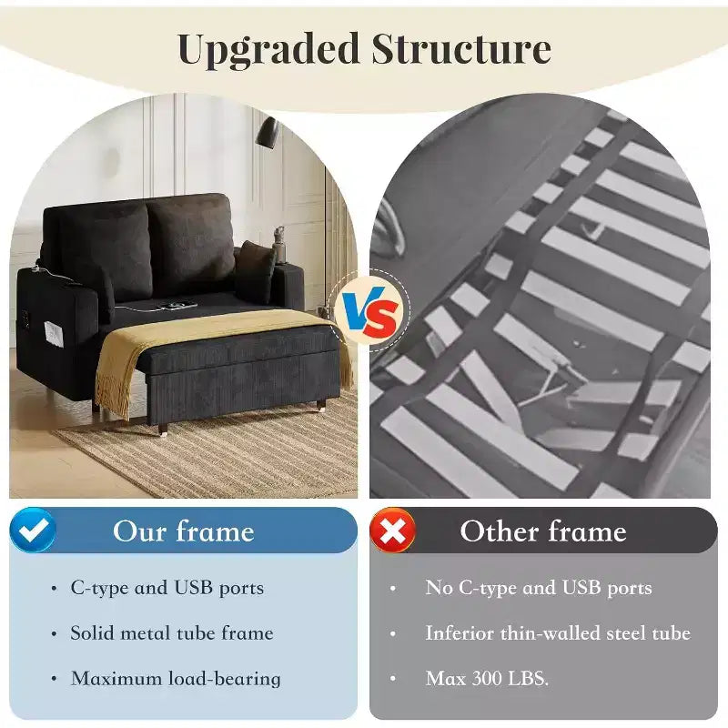 3-In-1 Pull-Out Couch, 56 Loveseat Sleeper Sofa Bed with Cup Holders & USB Charging, Full Size Pull-Out Sofa Couch