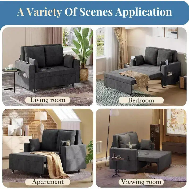 3-In-1 Pull-Out Couch, 56 Loveseat Sleeper Sofa Bed with Cup Holders & USB Charging, Full Size Pull-Out Sofa Couch