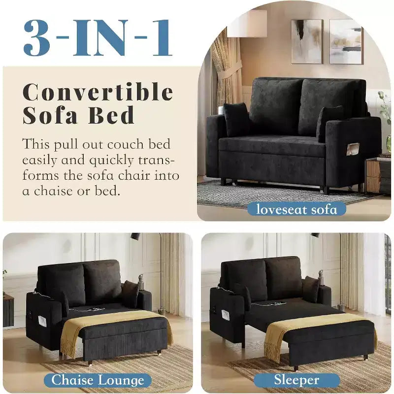 3-In-1 Pull-Out Couch, 56 Loveseat Sleeper Sofa Bed with Cup Holders & USB Charging, Full Size Pull-Out Sofa Couch