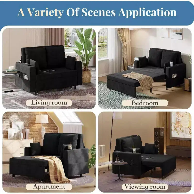 3-In-1 Pull-Out Couch, 56 Loveseat Sleeper Sofa Bed with Cup Holders & USB Charging, Full Size Pull-Out Sofa Couch