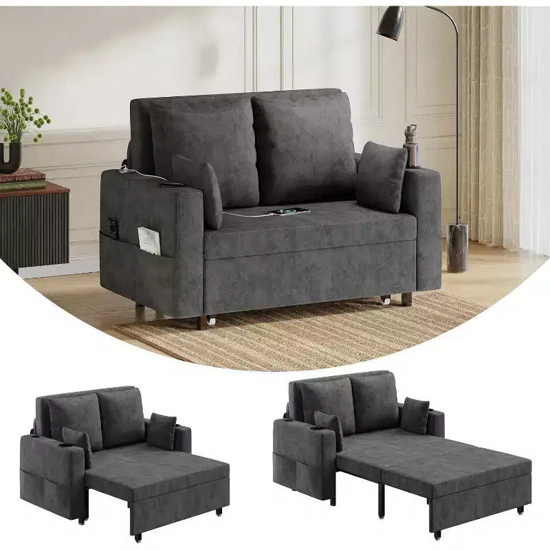 3-In-1 Pull-Out Couch, 56 Loveseat Sleeper Sofa Bed with Cup Holders & USB Charging, Full Size Pull-Out Sofa Couch