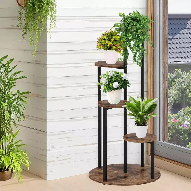 4-Tier Rotating Corner Plant Stand, Industrial Staggered Flower Display Rack for Indoor