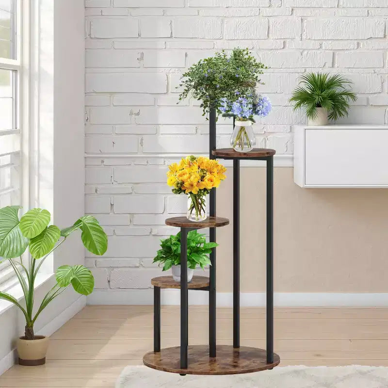 4-Tier Rotating Corner Plant Stand, Industrial Staggered Flower Display Rack for Indoor