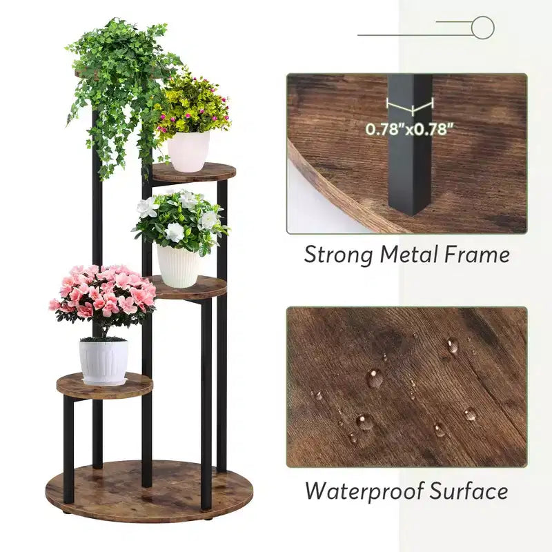 4-Tier Rotating Corner Plant Stand, Industrial Staggered Flower Display Rack for Indoor