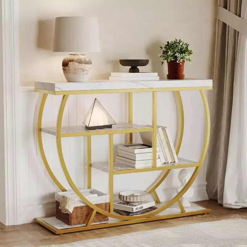 Industrial 4-Tier Narrow Console Table, Half-Circle Base Storage Entryway & Sofa Table for Living Room, Hallway