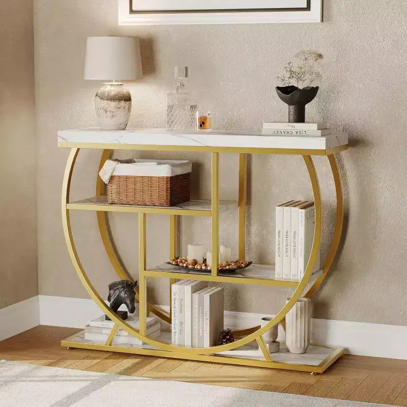 Industrial 4-Tier Narrow Console Table, Half-Circle Base Storage Entryway & Sofa Table for Living Room, Hallway