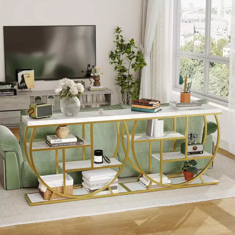Industrial 4-Tier Narrow Console Table, Half-Circle Base Storage Entryway & Sofa Table for Living Room, Hallway