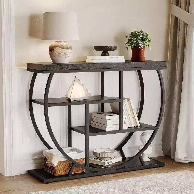 Industrial 4-Tier Narrow Console Table, Half-Circle Base Storage Entryway & Sofa Table for Living Room, Hallway