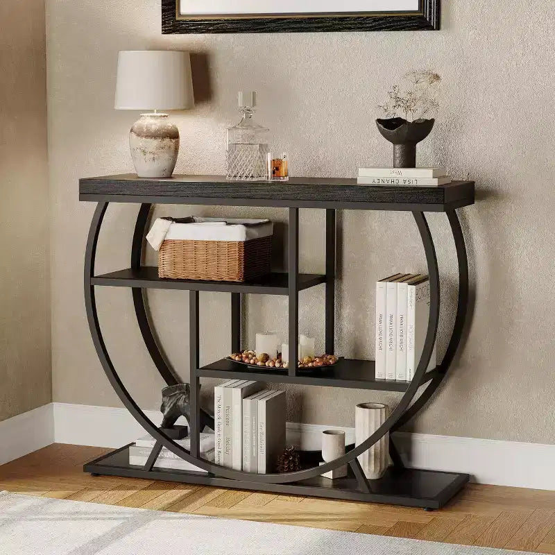 Industrial 4-Tier Narrow Console Table, Half-Circle Base Storage Entryway & Sofa Table for Living Room, Hallway