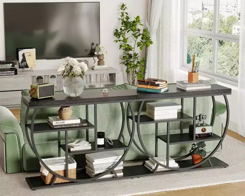 Modern console table with decorative items in a living room setting