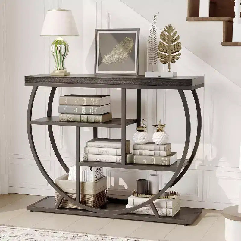 Industrial 4-Tier Narrow Console Table, Half-Circle Base Storage Entryway & Sofa Table for Living Room, Hallway