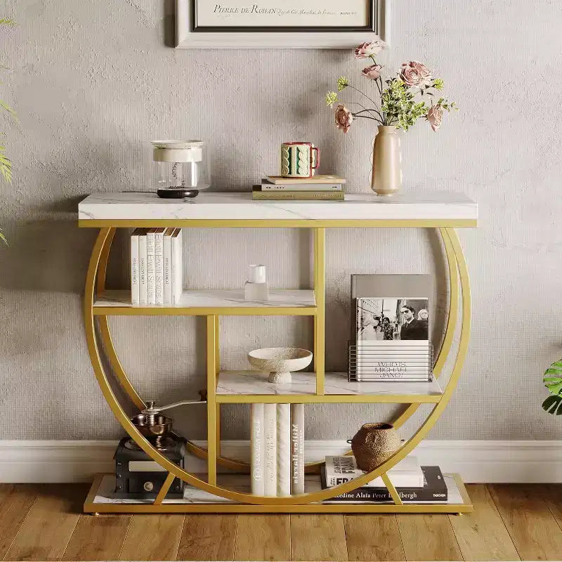 Industrial 4-Tier Narrow Console Table, Half-Circle Base Storage Entryway & Sofa Table for Living Room, Hallway