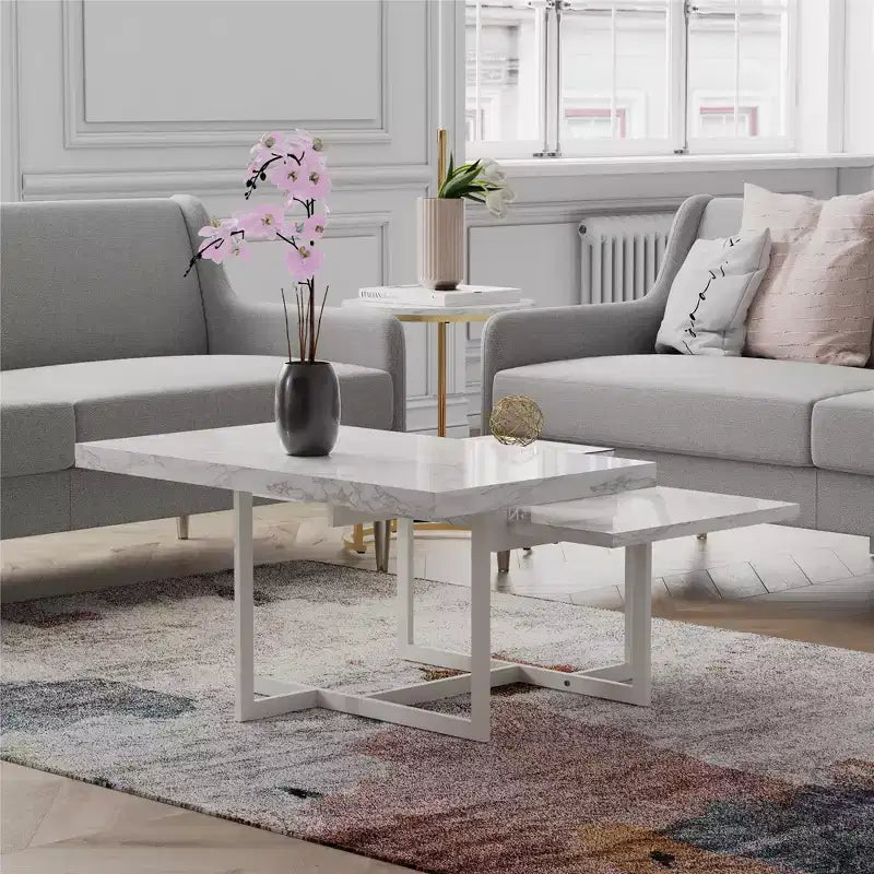 Two-Tier Faux Marble Coffee Table with Metal Base