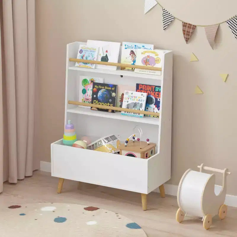 Kids Bookshelf, Book and Magazine Rack with Toy Storage Cabinet for Bedroom or Living Room, White