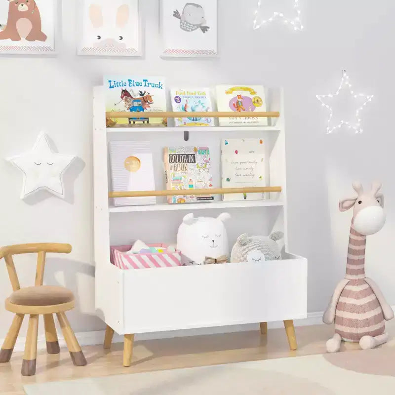 Kids Bookshelf, Book and Magazine Rack with Toy Storage Cabinet for Bedroom or Living Room, White