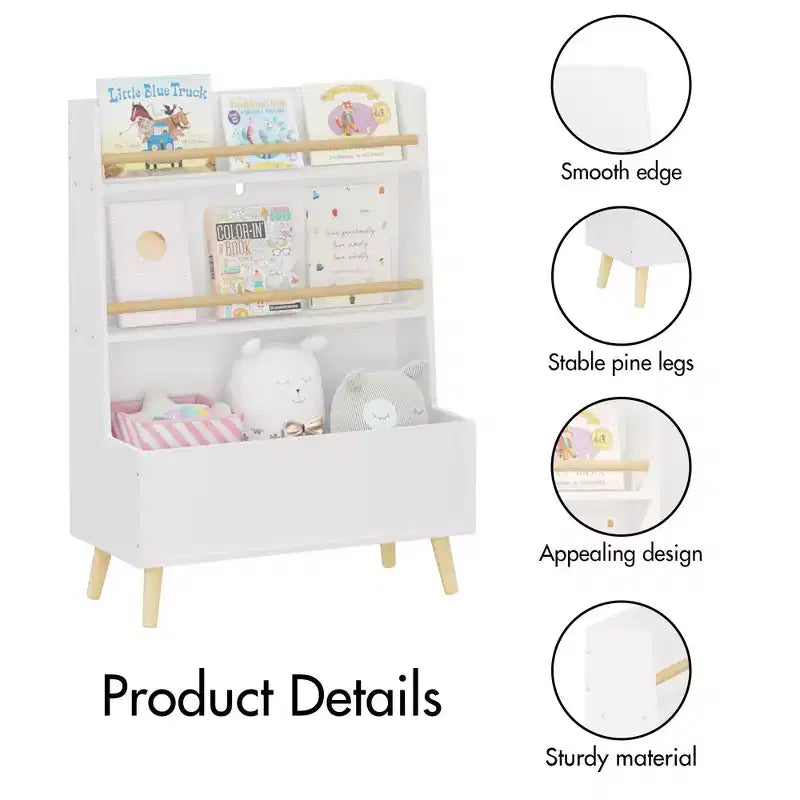 Kids Bookshelf, Book and Magazine Rack with Toy Storage Cabinet for Bedroom or Living Room, White