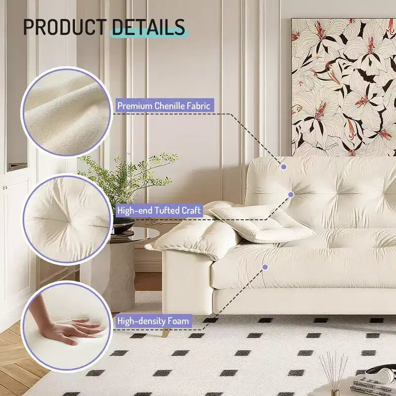 104.7-Inch Modern 4-Seat Cloud Sofa, Chenille Upholstered Couch with 2 Pillows and Removable Armrests