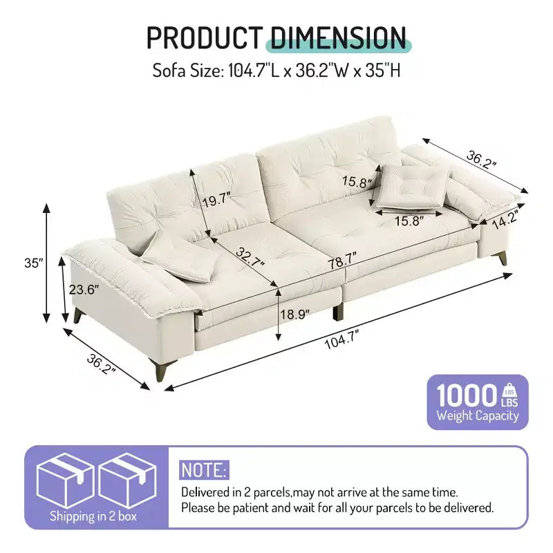 104.7-Inch Modern 4-Seat Cloud Sofa, Chenille Upholstered Couch with 2 Pillows and Removable Armrests