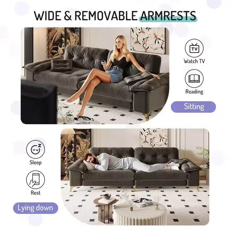 104.7-Inch Modern 4-Seat Cloud Sofa, Chenille Upholstered Couch with 2 Pillows and Removable Armrests