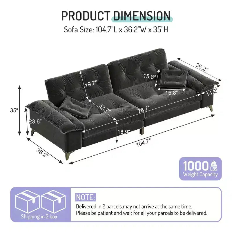 104.7-Inch Modern 4-Seat Cloud Sofa, Chenille Upholstered Couch with 2 Pillows and Removable Armrests