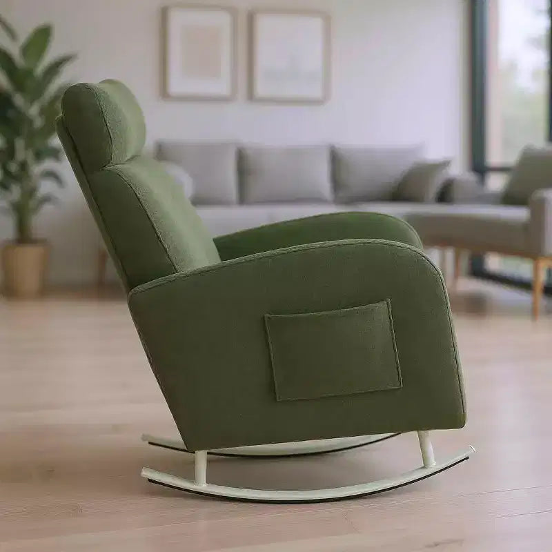 Modern Chenille Rocking Chair with Metal Legs and Side Storage Pocket