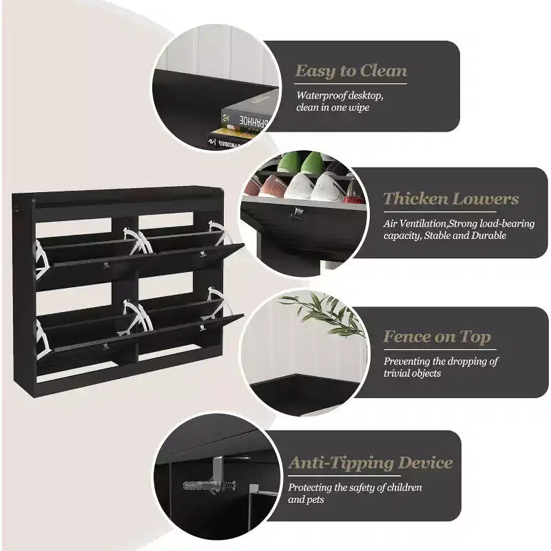 Large Rattan Shoe Storage Cabinet with 4 Flip Drawers, Freestanding Shoe Organizer with Wooden Legs, Narrow Shoe Rack Cabinet