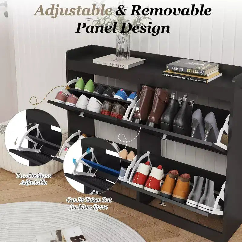 Large Rattan Shoe Storage Cabinet with 4 Flip Drawers, Freestanding Shoe Organizer with Wooden Legs, Narrow Shoe Rack Cabinet