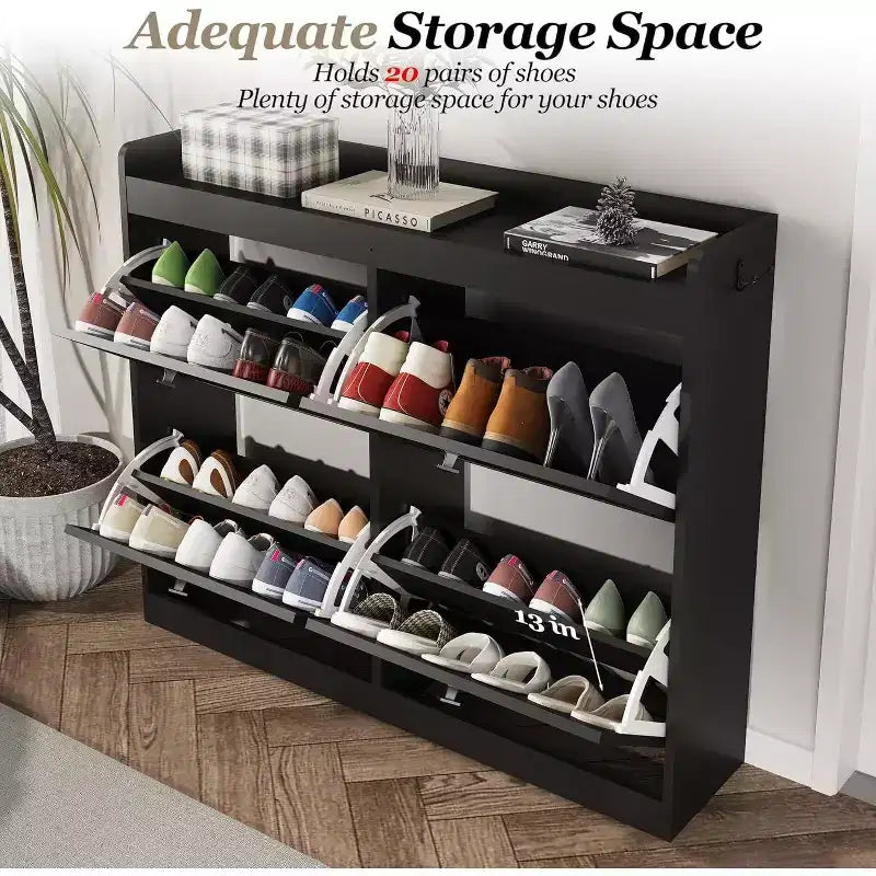 Large Rattan Shoe Storage Cabinet with 4 Flip Drawers, Freestanding Shoe Organizer with Wooden Legs, Narrow Shoe Rack Cabinet