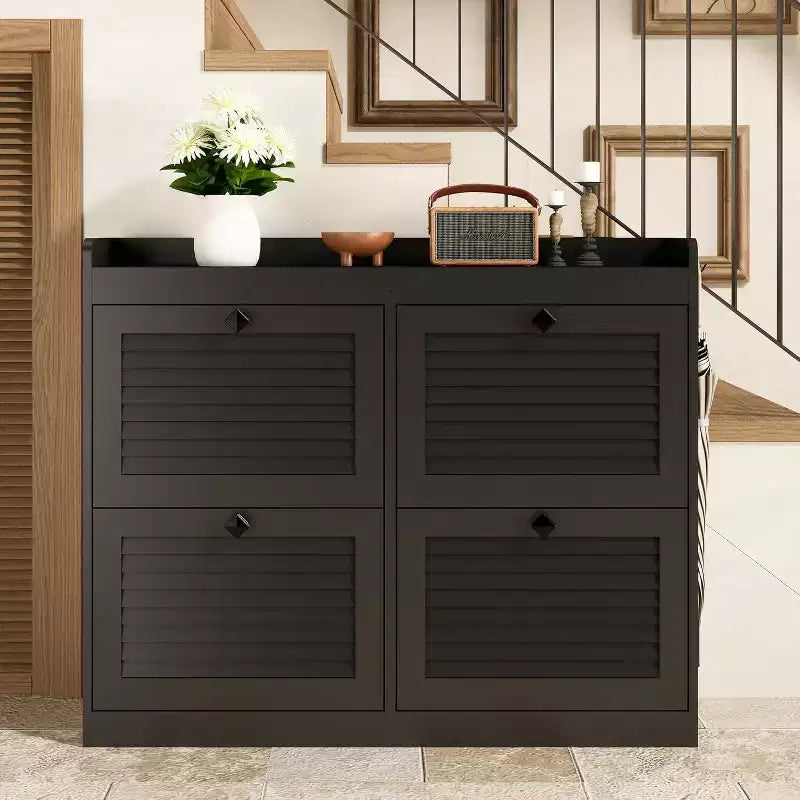 Large Rattan Shoe Storage Cabinet with 4 Flip Drawers, Freestanding Shoe Organizer with Wooden Legs, Narrow Shoe Rack Cabinet