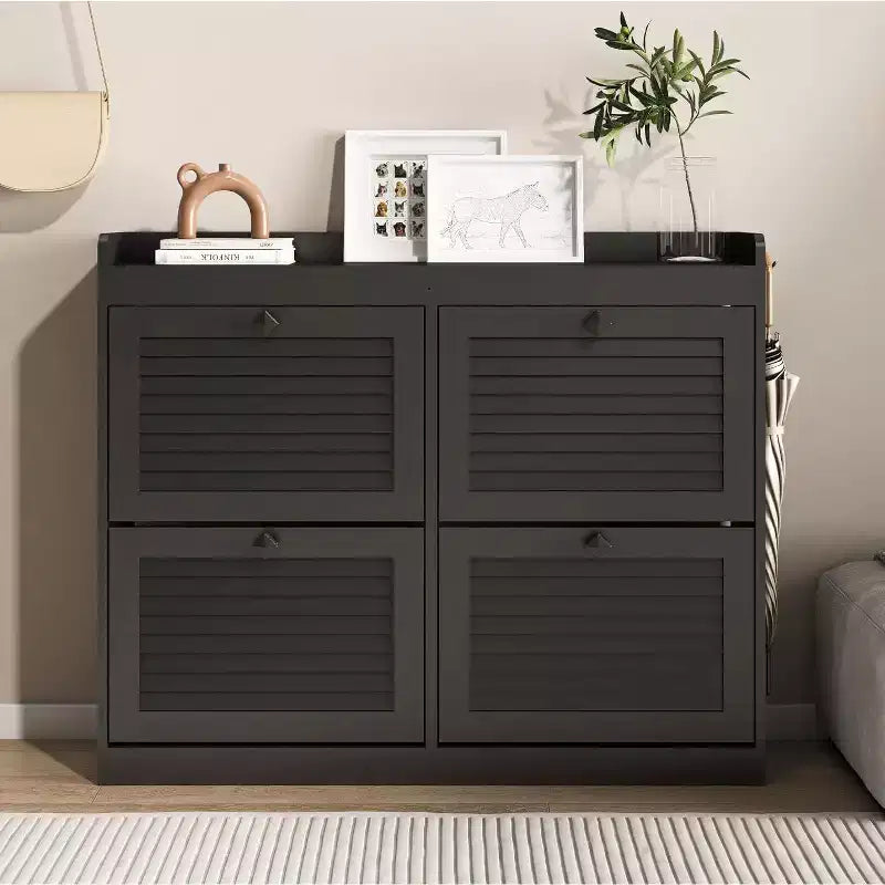 Large Rattan Shoe Storage Cabinet with 4 Flip Drawers, Freestanding Shoe Organizer with Wooden Legs, Narrow Shoe Rack Cabinet