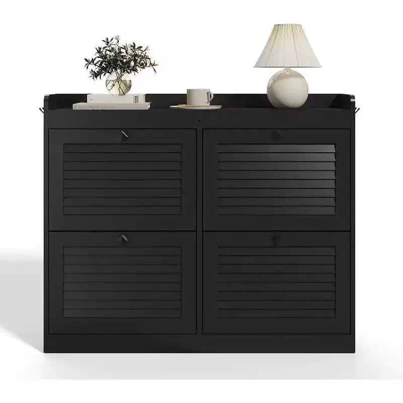 Large Rattan Shoe Storage Cabinet with 4 Flip Drawers, Freestanding Shoe Organizer with Wooden Legs, Narrow Shoe Rack Cabinet