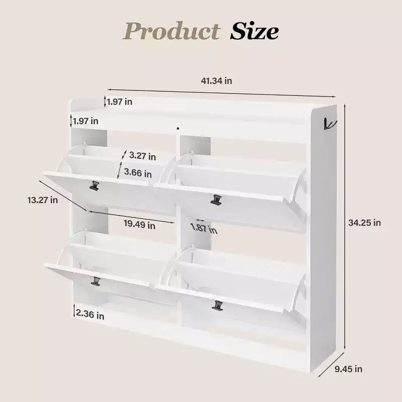 Large Rattan Shoe Storage Cabinet with 4 Flip Drawers, Freestanding Shoe Organizer with Wooden Legs, Narrow Shoe Rack Cabinet