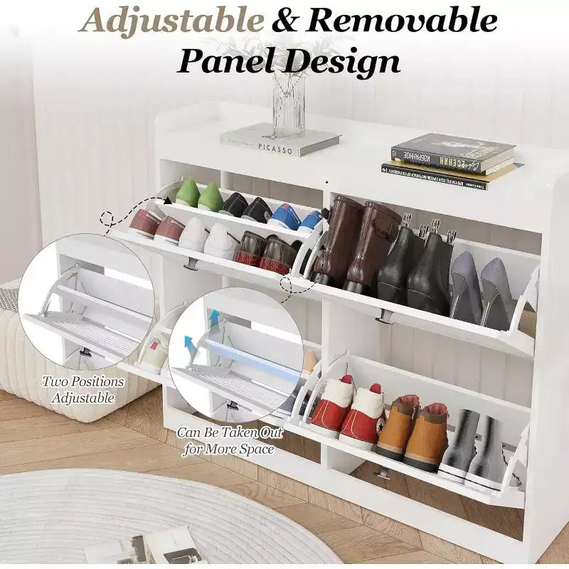 Large Rattan Shoe Storage Cabinet with 4 Flip Drawers, Freestanding Shoe Organizer with Wooden Legs, Narrow Shoe Rack Cabinet