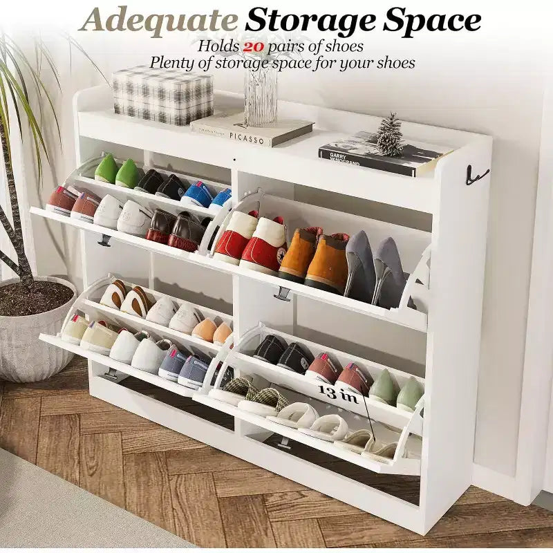 Large Rattan Shoe Storage Cabinet with 4 Flip Drawers, Freestanding Shoe Organizer with Wooden Legs, Narrow Shoe Rack Cabinet