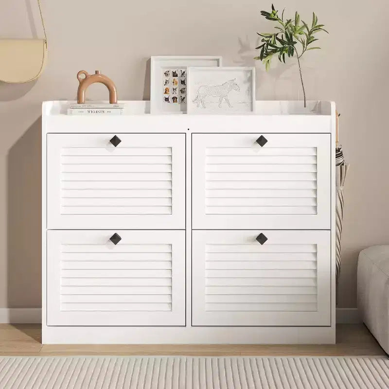 Large Rattan Shoe Storage Cabinet with 4 Flip Drawers, Freestanding Shoe Organizer with Wooden Legs, Narrow Shoe Rack Cabinet