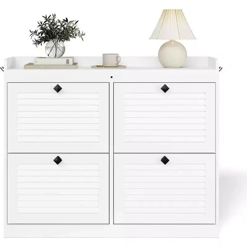 Large Rattan Shoe Storage Cabinet with 4 Flip Drawers, Freestanding Shoe Organizer with Wooden Legs, Narrow Shoe Rack Cabinet