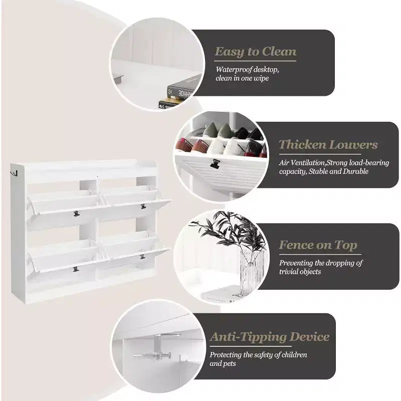 Large Rattan Shoe Storage Cabinet with 4 Flip Drawers, Freestanding Shoe Organizer with Wooden Legs, Narrow Shoe Rack Cabinet