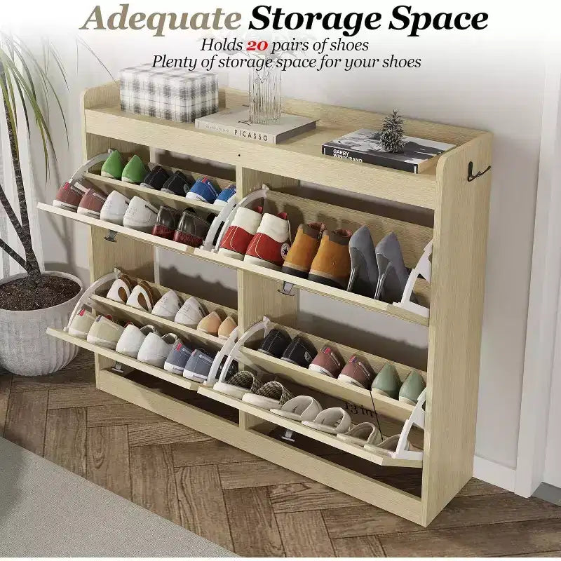 Large Rattan Shoe Storage Cabinet with 4 Flip Drawers, Freestanding Shoe Organizer with Wooden Legs, Narrow Shoe Rack Cabinet