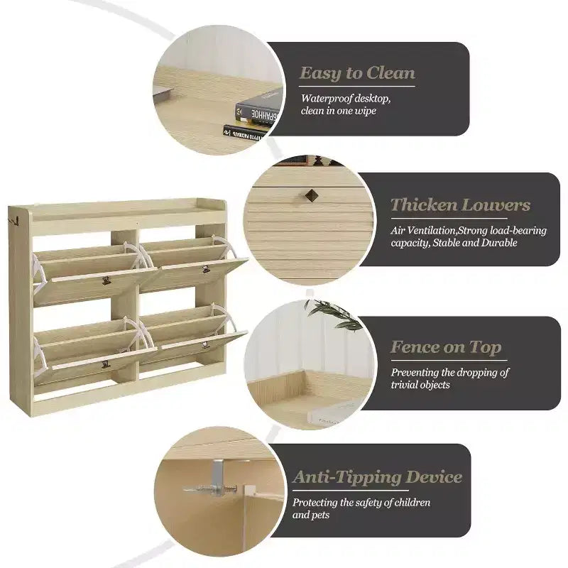 Large Rattan Shoe Storage Cabinet with 4 Flip Drawers, Freestanding Shoe Organizer with Wooden Legs, Narrow Shoe Rack Cabinet