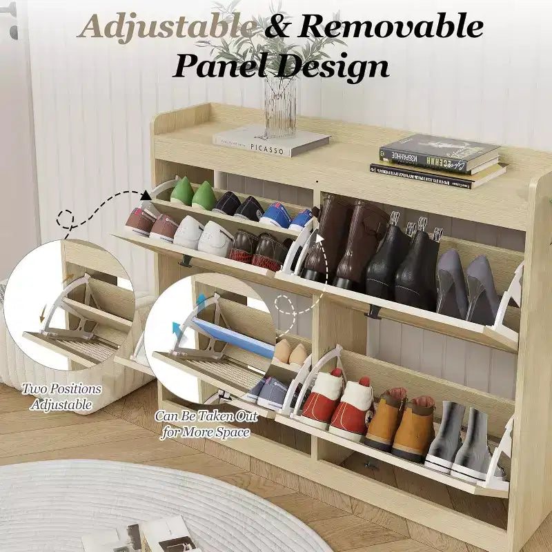 Large Rattan Shoe Storage Cabinet with 4 Flip Drawers, Freestanding Shoe Organizer with Wooden Legs, Narrow Shoe Rack Cabinet