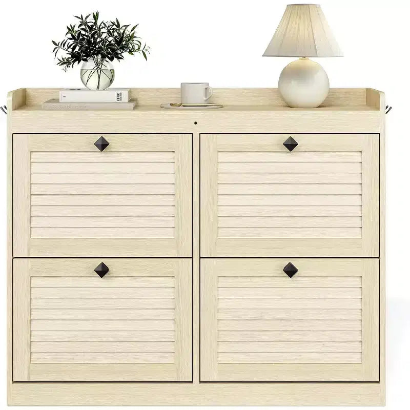 Large Rattan Shoe Storage Cabinet with 4 Flip Drawers, Freestanding Shoe Organizer with Wooden Legs, Narrow Shoe Rack Cabinet