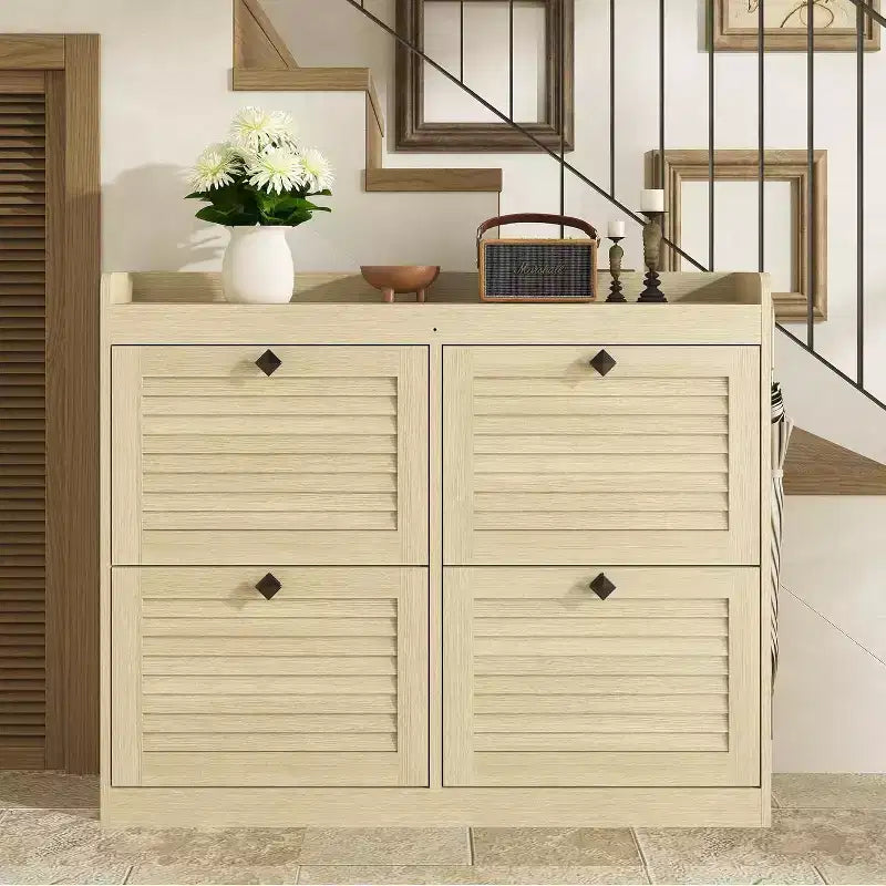 Large Rattan Shoe Storage Cabinet with 4 Flip Drawers, Freestanding Shoe Organizer with Wooden Legs, Narrow Shoe Rack Cabinet