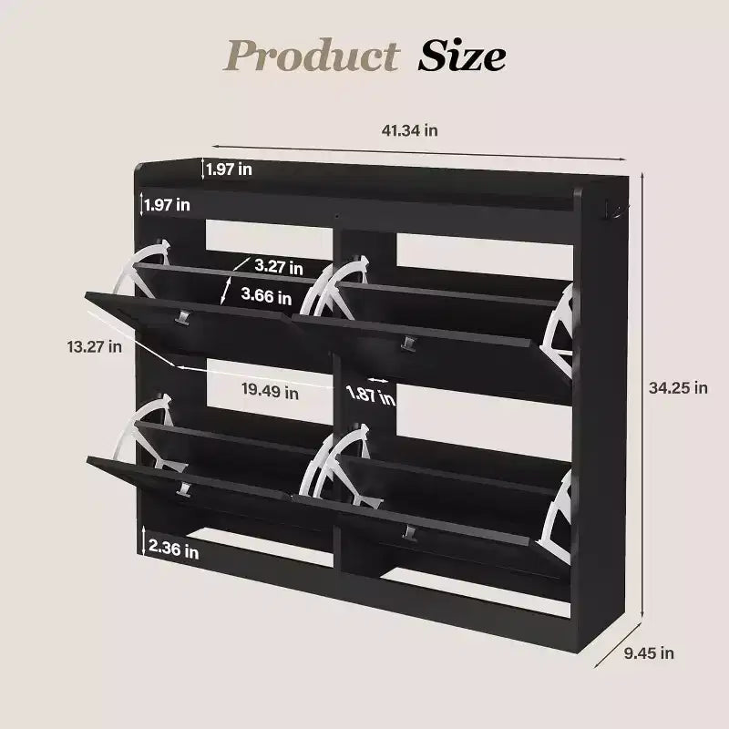 Large Rattan Shoe Storage Cabinet with 4 Flip Drawers, Freestanding Shoe Organizer with Wooden Legs, Narrow Shoe Rack Cabinet