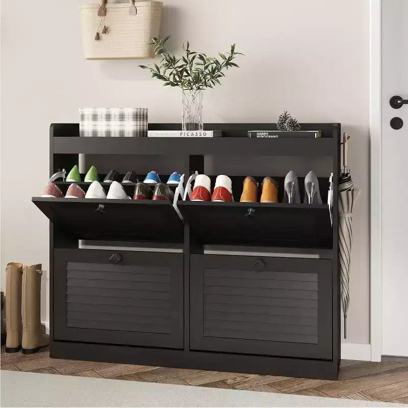 Large Rattan Shoe Storage Cabinet with 4 Flip Drawers, Freestanding Shoe Organizer with Wooden Legs, Narrow Shoe Rack Cabinet