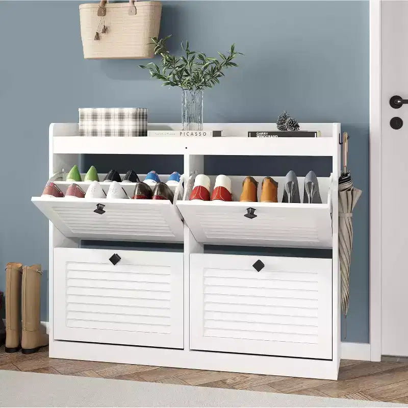 Large Rattan Shoe Storage Cabinet with 4 Flip Drawers, Freestanding Shoe Organizer with Wooden Legs, Narrow Shoe Rack Cabinet